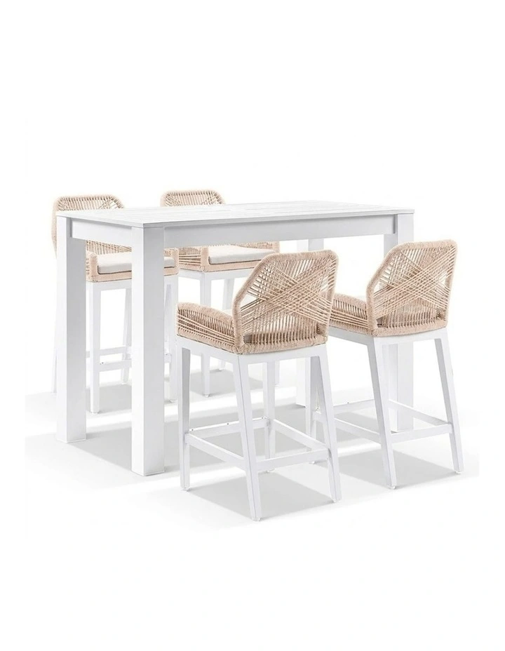 Santorini Outdoor 1.5m Bar Table White With 4 Hugo and Rope Stools & Cream Rope/Cream Cushions image 1