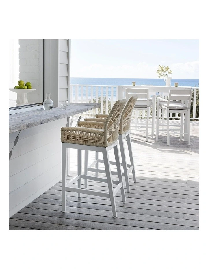 Santorini Outdoor 1.5m Bar Table White With 4 Hugo and Rope Stools & Cream Rope/Cream Cushions image 4