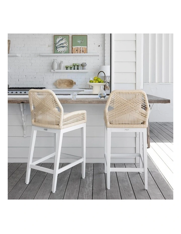 Santorini Outdoor 1.5m Bar Table White With 4 Hugo and Rope Stools & Cream Rope/Cream Cushions image 5
