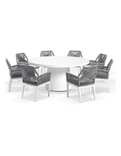 Narrabeen 1.6m Round Ceramic Dining Table White With 8 Hugo Rope Chairs & Grey w/ Olefin Cushions