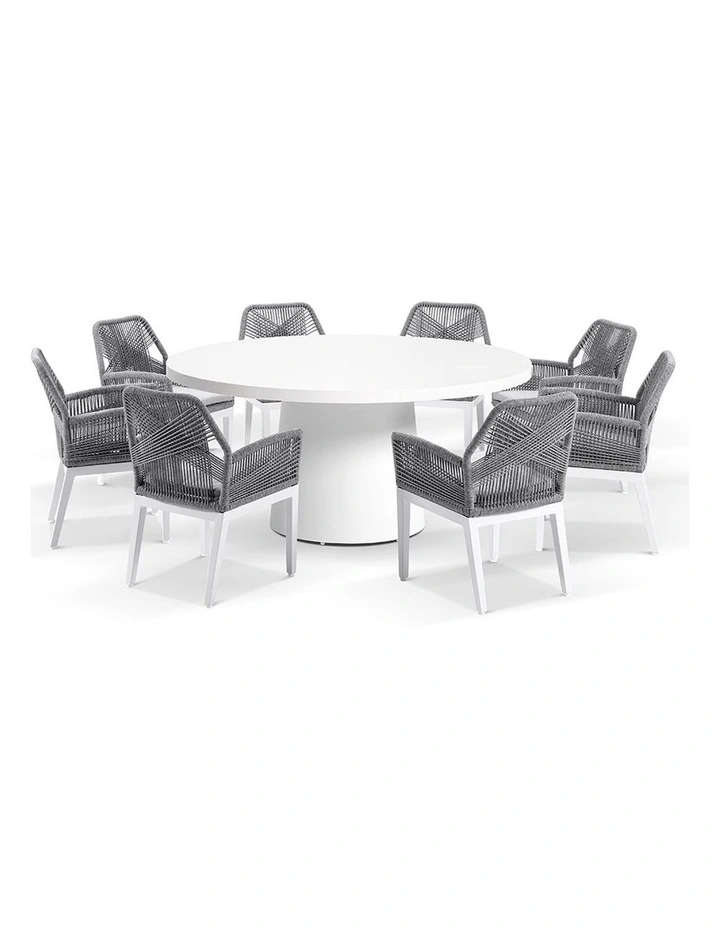 Narrabeen 1.6m Round Ceramic Dining Table White With 8 Hugo Rope Chairs & Grey w/ Olefin Cushions image 1