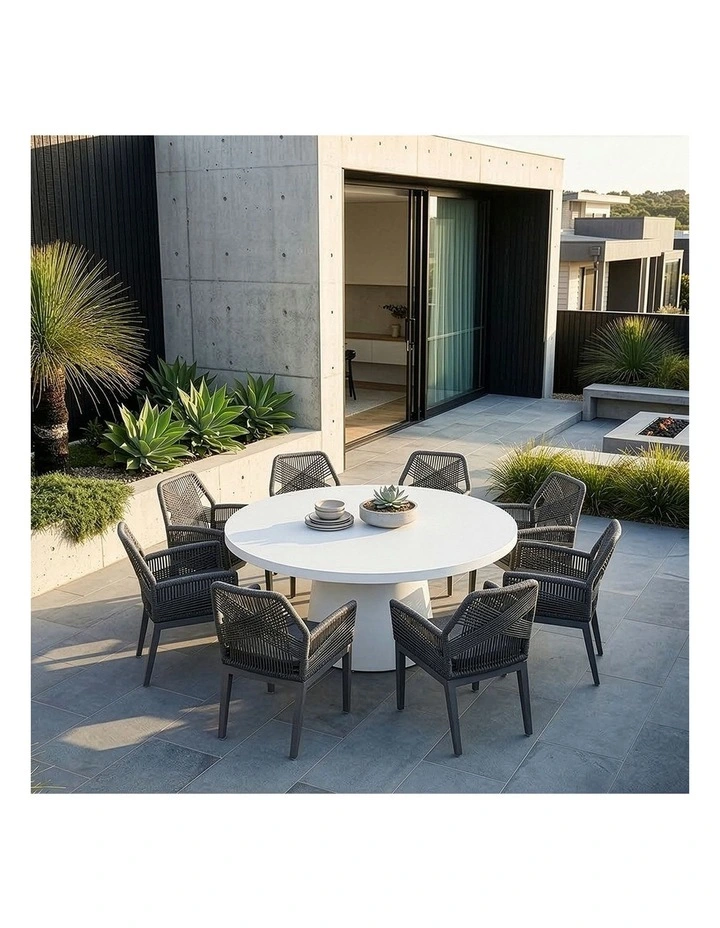 Narrabeen 1.6m Round Ceramic Dining Table White With 8 Hugo Rope Chairs & Grey w/ Olefin Cushions image 5