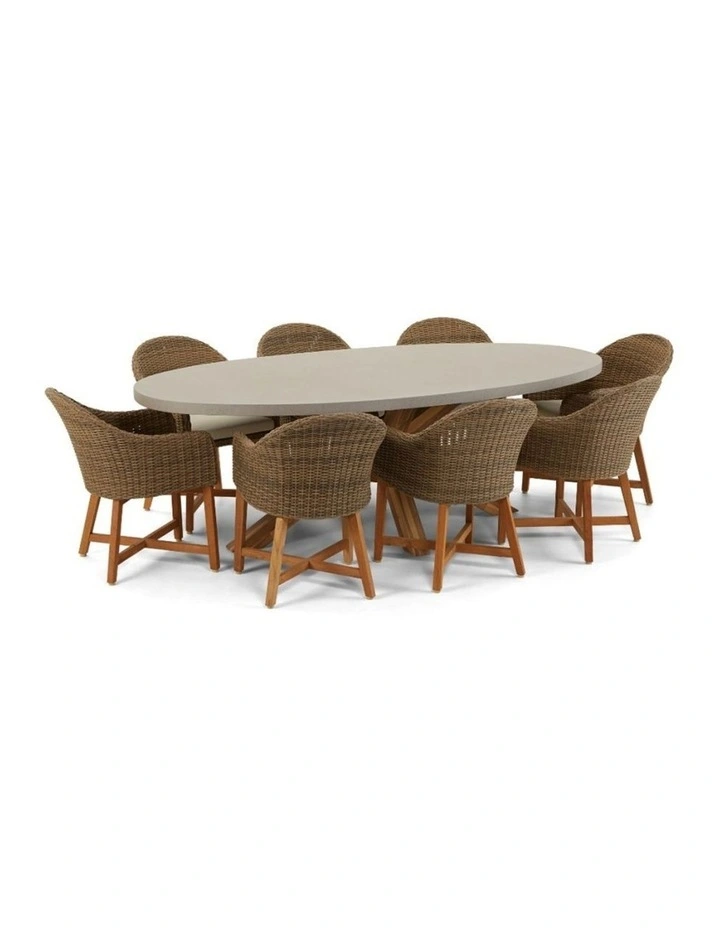 Tamarama Concrete Look Dining Setting Brushed Wheat With 8 Coastal Wicker Chairs & Cream Cushions image 1