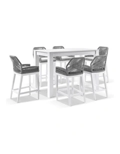Santorini 1.5m Bar Table White With 6 Hugo and Rope Stools & Grey w/Textured Olefin Cushions