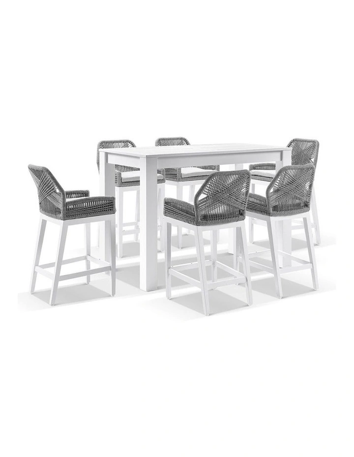 Santorini 1.5m Bar Table White With 6 Hugo and Rope Stools & Grey w/Textured Olefin Cushions image 1