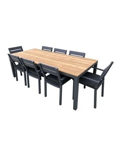 Tuscany 8 Seater Teak Top Dining Setting Charcoal With Santorini Chairs & Denim Grey Cushions