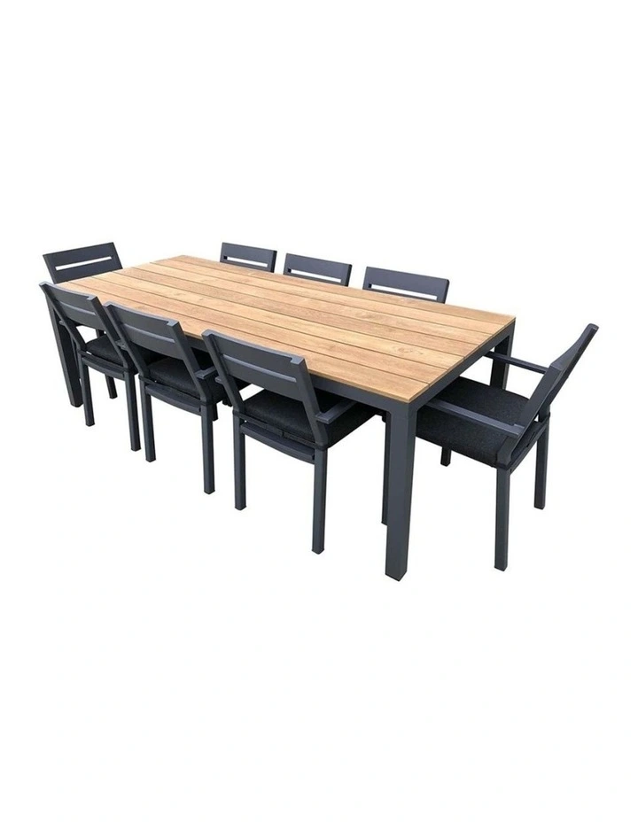 Tuscany 8 Seater Teak Top Dining Setting Charcoal With Santorini Chairs & Denim Grey Cushions image 1