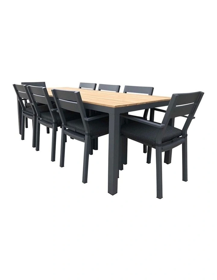 Tuscany 8 Seater Teak Top Dining Setting Charcoal With Santorini Chairs & Denim Grey Cushions image 2