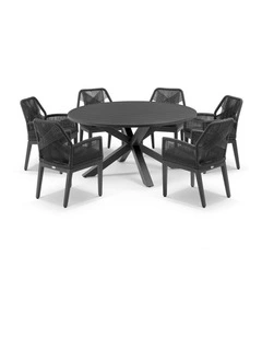 Houston Outdoor 1.5m Dining Setting Charcoal With 6 Hugo Chairs & Carbon Grey/Denim Grey Cushions