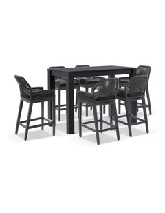 Santorini Outdoor 1.5m Bar Table Charcoal With 6 Hugo and Rope Stools & Denim Grey Cushions