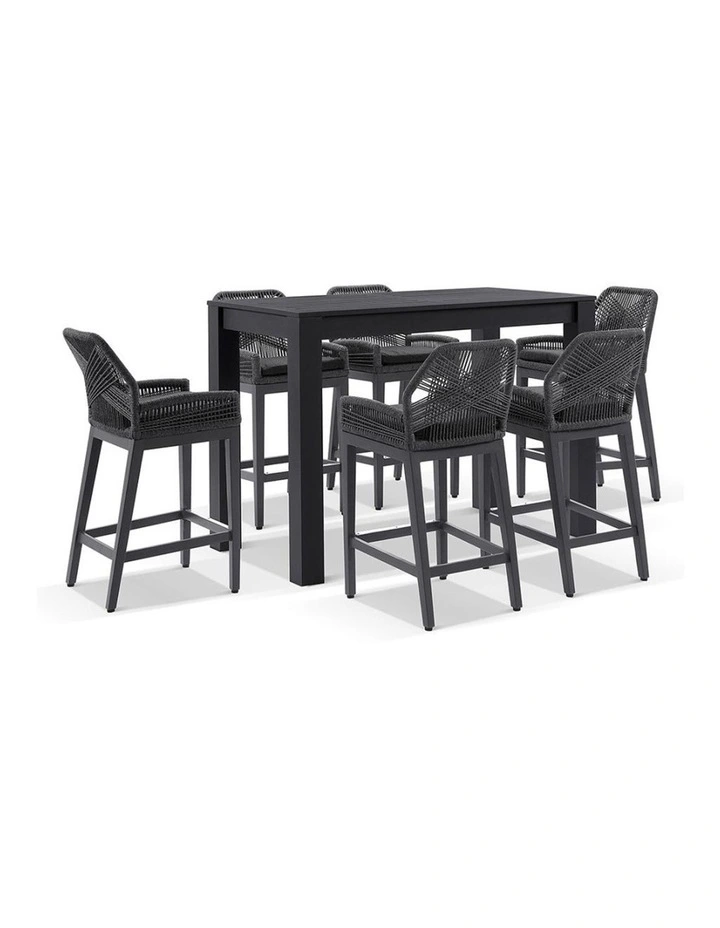 Santorini Outdoor 1.5m Bar Table Charcoal With 6 Hugo and Rope Stools & Denim Grey Cushions image 1