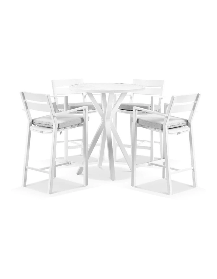 Houston Outdoor 90cm Round Bar Table White With 4 Santorini Stools & Textured Olefin Grey Cushions image 1