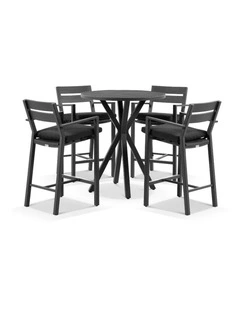 Houston Outdoor 90cm Round Bar Table Charcoal With 4 Santorini Stools & Denim Grey Cushions