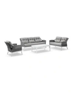 Hugo 3 2 1 Seater Outdoor Rope Lounge Set White With Coffee Table & Grey rope/ Olefin Cushions