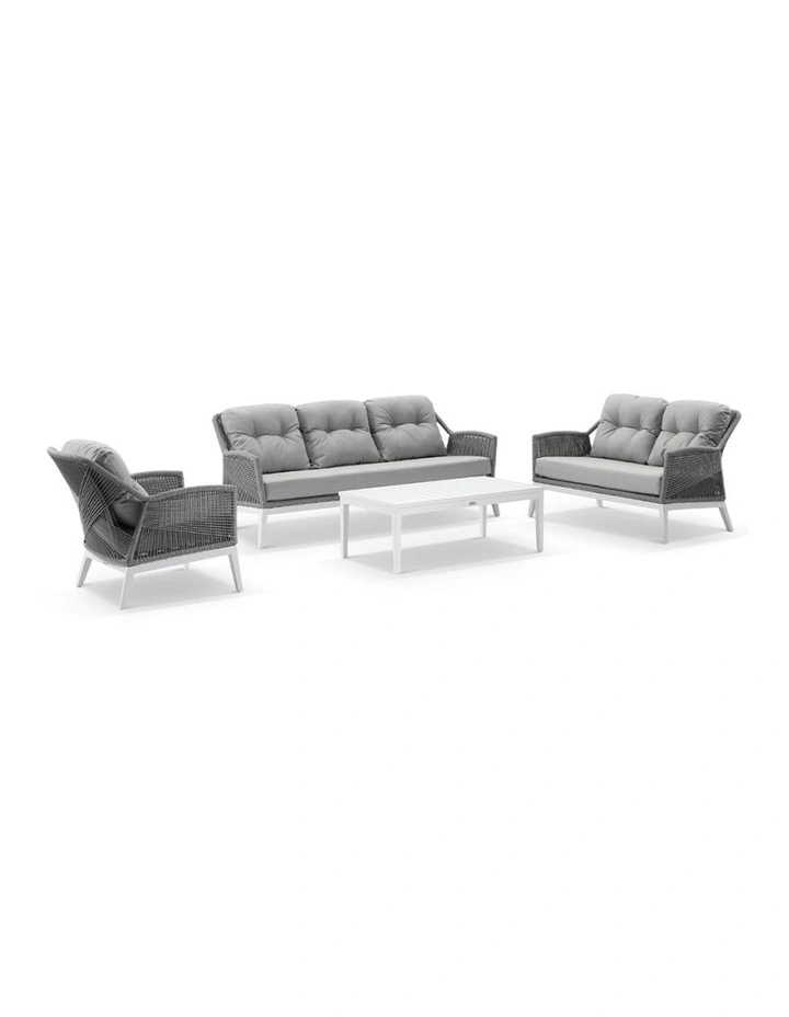 Hugo 3 2 1 Seater Outdoor Rope Lounge Set White With Coffee Table & Grey rope/ Olefin Cushions image 1