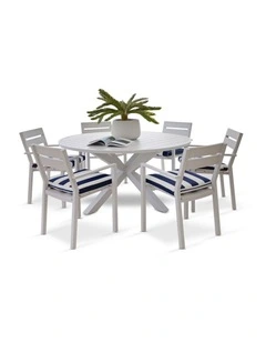 Houston Outdoor 1.5m Round Dining Setting White With 6 Santorini Chairs & Navy Stripe Cushions