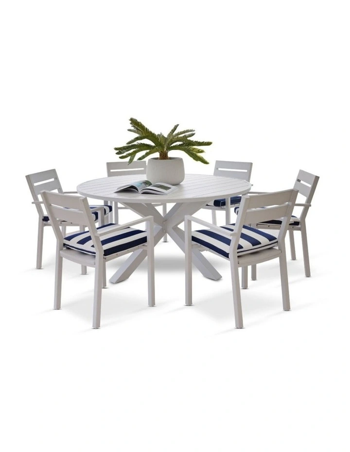 Houston Outdoor 1.5m Round Dining Setting White With 6 Santorini Chairs & Navy Stripe Cushions image 1