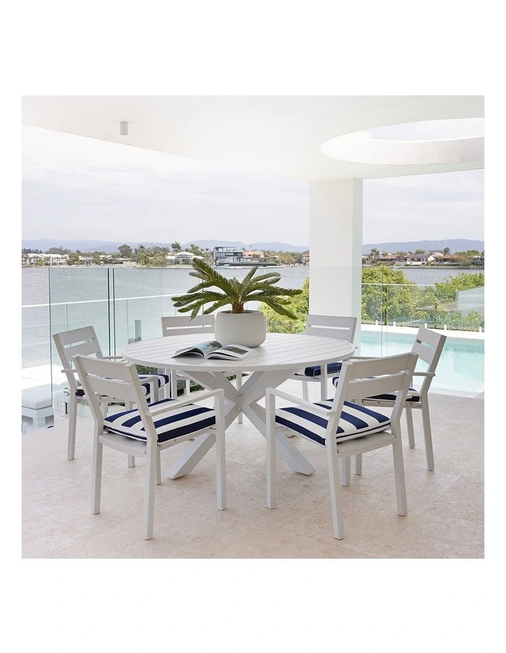 Houston Outdoor 1.5m Round Dining Setting White With 6 Santorini Chairs & Navy Stripe Cushions image 2