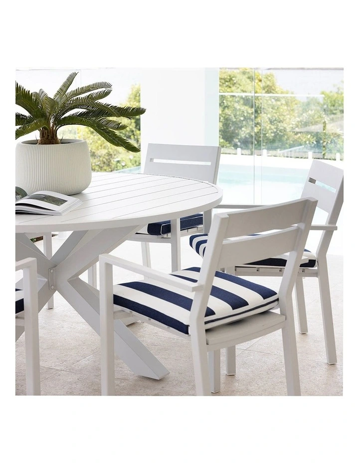 Houston Outdoor 1.5m Round Dining Setting White With 6 Santorini Chairs & Navy Stripe Cushions image 3