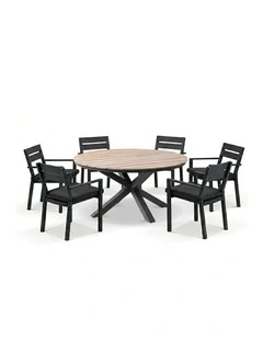 Tuscany Round 1.5m Outdoor Teak Dining Table Charcoal With 6 Santorini Chairs & Denim Grey Cushions