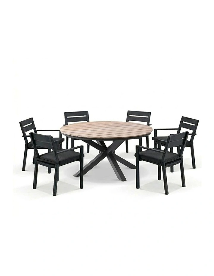 Tuscany Round 1.5m Outdoor Teak Dining Table Charcoal With 6 Santorini Chairs & Denim Grey Cushions image 1