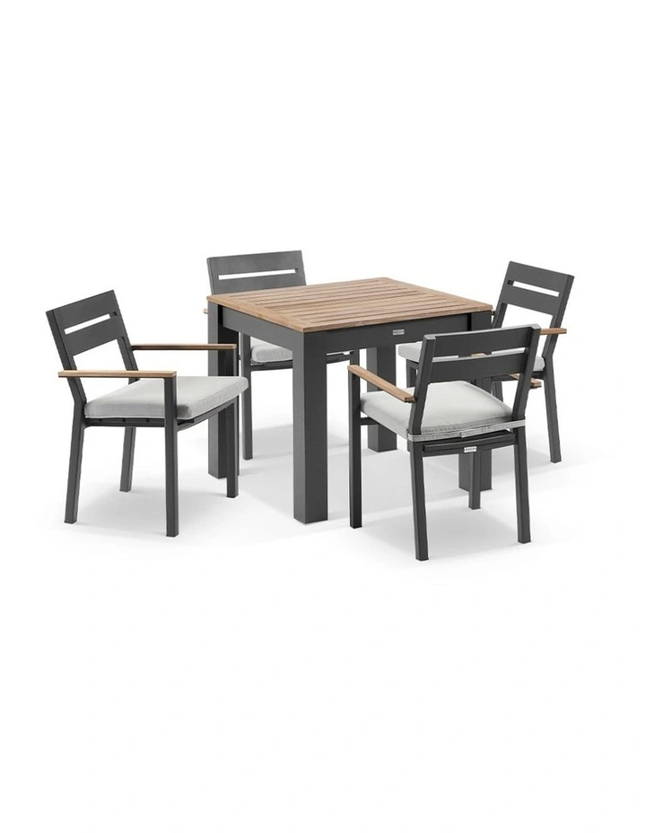 Balmoral 4 Seater Square Teak Top Dining Table Charcoal With Capri Chairs & Olefin Grey Cushions image 1