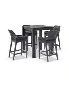 Hugo Ceramic Square Bar Table Charcoal With 4 Rope Stools & Carbon Grey/Denim Grey Cushions