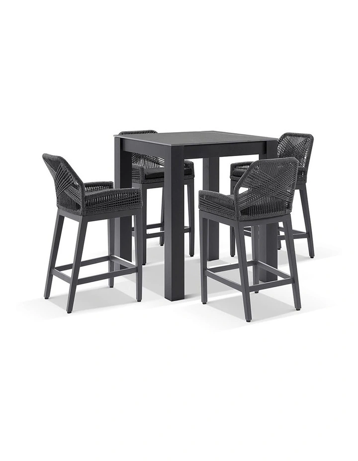Hugo Ceramic Square Bar Table Charcoal With 4 Rope Stools & Carbon Grey/Denim Grey Cushions image 1
