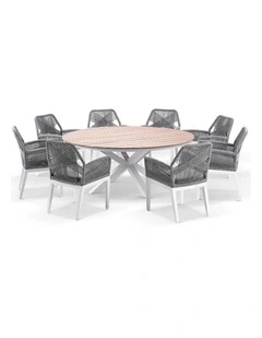 Tuscany 1.8m and Teak Dining Table White 8 Hugo Chairs & Grey Rope/Textured Olefin Cushions