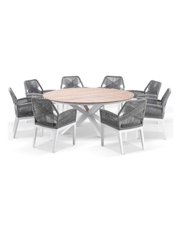 Tuscany 1.8m and Teak Dining Table White 8 Hugo Chairs & Grey Rope/Textured Olefin Cushions image 1