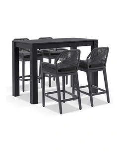 Santorini Outdoor 1.5m Bar Table Charcoal With 4 Hugo and Rope Stools & Denim Grey Cushions