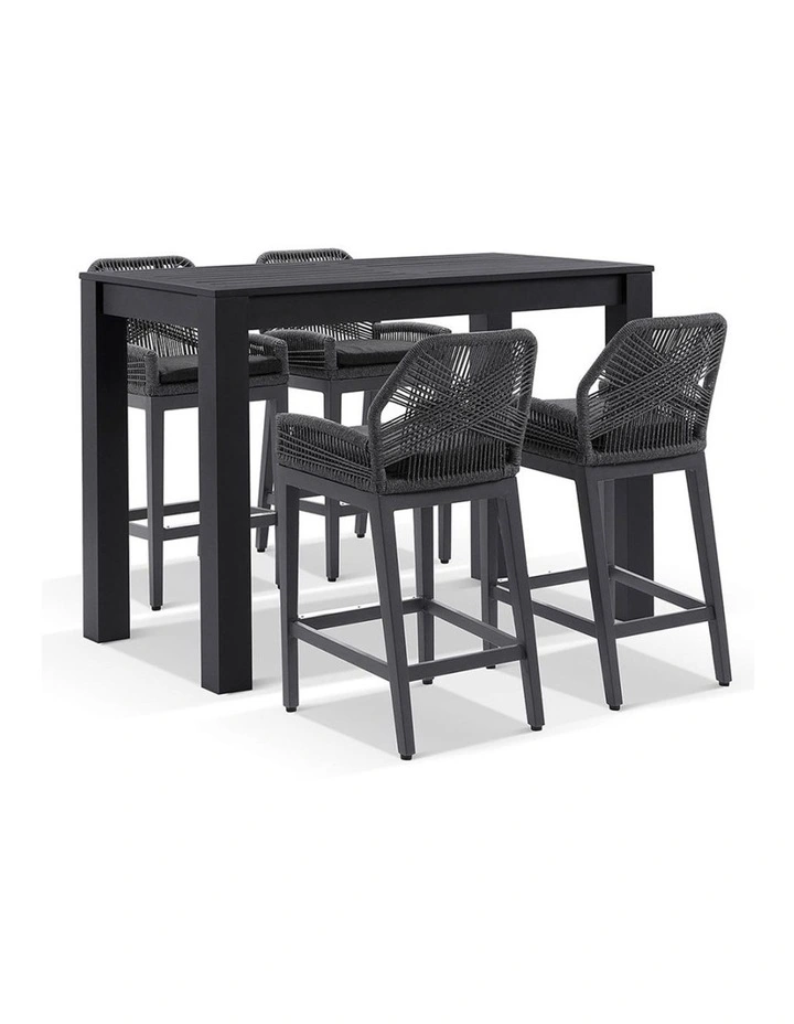 Santorini Outdoor 1.5m Bar Table Charcoal With 4 Hugo and Rope Stools & Denim Grey Cushions image 1