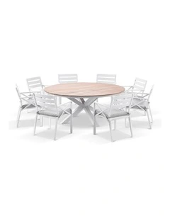Tuscany 1.8m and Teak Dining Table White With 8 Kansas Chairs & Textured Olefin Grey Cushions