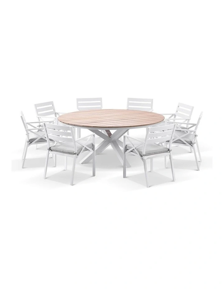 Tuscany 1.8m and Teak Dining Table White With 8 Kansas Chairs & Textured Olefin Grey Cushions image 1