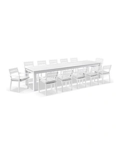Santorini 12 Seater Outdoor Dining Table and Chairs setting White & Textured Olefin Grey Cushions