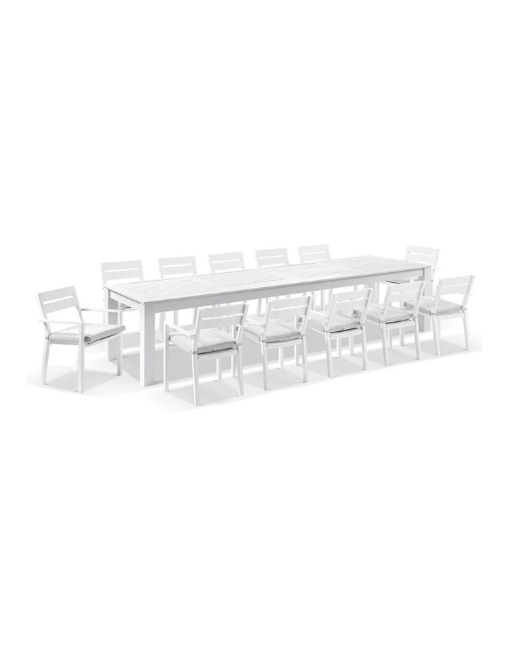 Santorini 12 Seater Outdoor Dining Table and Chairs setting White & Textured Olefin Grey Cushions image 1