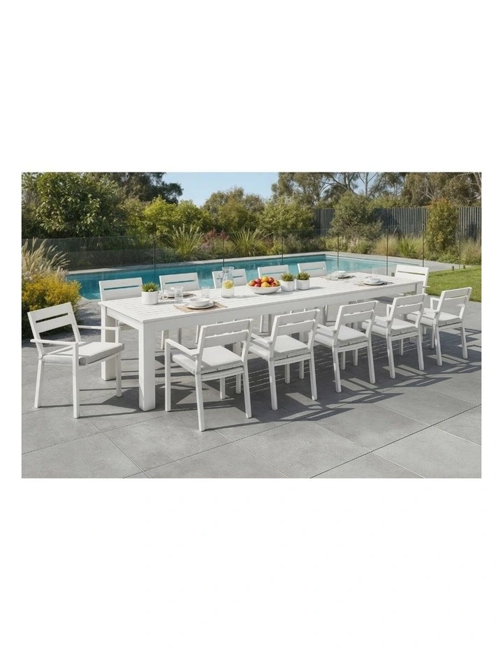 Santorini 12 Seater Outdoor Dining Table and Chairs setting White & Textured Olefin Grey Cushions image 6