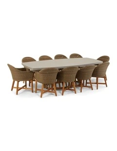 Waverley 2.6m Concrete Look Dining Set Brushed Wheat With 10 Coastal Wicker Chairs & Cream Cushions