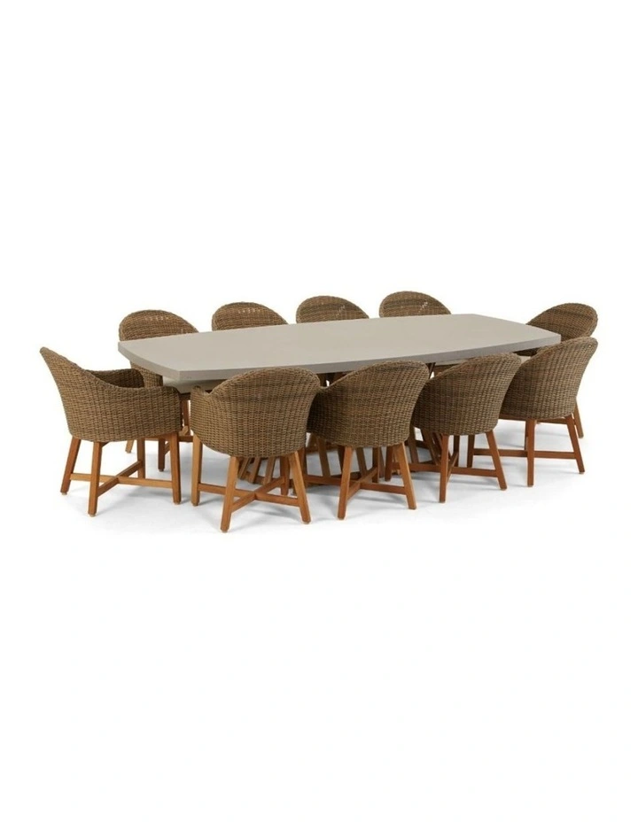 Waverley 2.6m Concrete Look Dining Set Brushed Wheat With 10 Coastal Wicker Chairs & Cream Cushions image 1