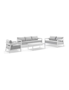 Bronte 3 2 1 Outdoor Lounge Setting White With Coffee Table & Textured Olefin Grey Cushions