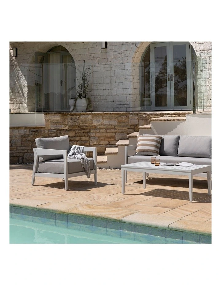 Bronte 3 2 1 Outdoor Lounge Setting White With Coffee Table & Textured Olefin Grey Cushions image 3