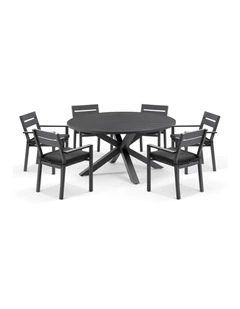 Houston Outdoor 1.5m Round Dining Setting Charcoal With 6 Santorini Chairs & Denim Grey Cushions