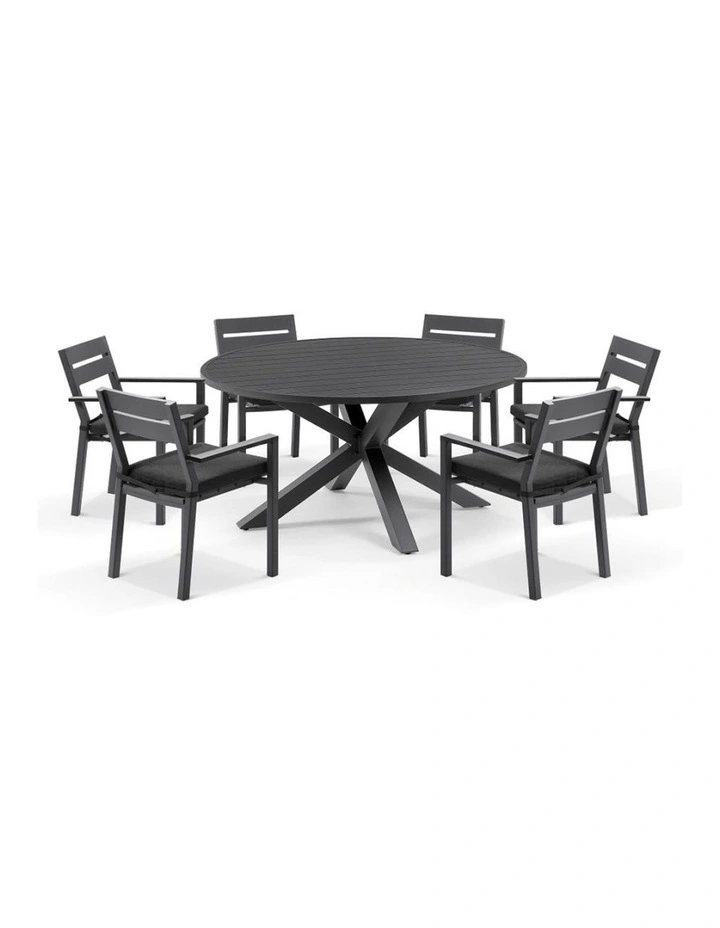Houston Outdoor 1.5m Round Dining Setting Charcoal With 6 Santorini Chairs & Denim Grey Cushions image 1