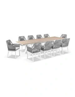 Kansas 3m Outdoor Teak Timber and Dining Table White With 10 Hugo Chairs w/Olefin Grey Cushions