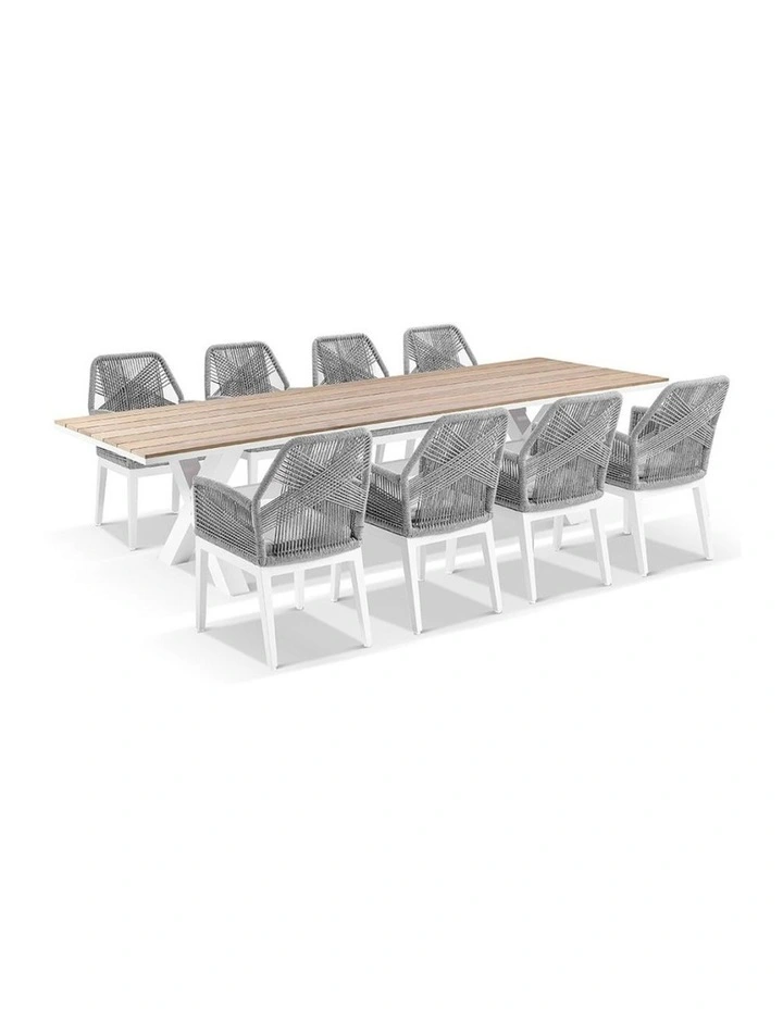 Kansas 3m Outdoor Teak Timber and Dining Table White With 10 Hugo Chairs w/Olefin Grey Cushions image 2