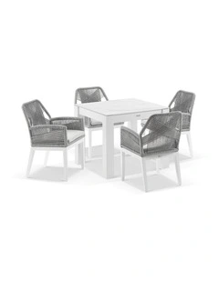 Hugo 4 Seater Square Ceramic Dining Table White With Chairs & Grey Rope Textured Olefin Cushions