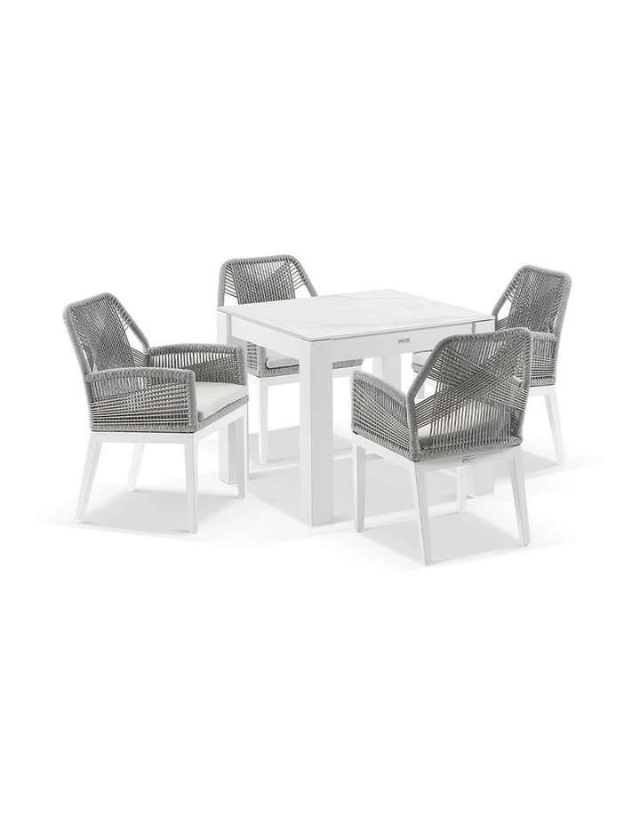 Hugo 4 Seater Square Ceramic Dining Table White With Chairs & Grey Rope Textured Olefin Cushions image 1