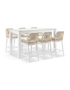Hugo Outdoor Ceramic 2m Rectangle Bar Table White With 6 Rope Stools & Cream Rope/Cream Cushions