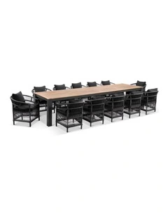 Balmoral 3.55m Outdoor Teak Top Table Charcoal With 12 Watego Malawi Style Chairs & Cushions