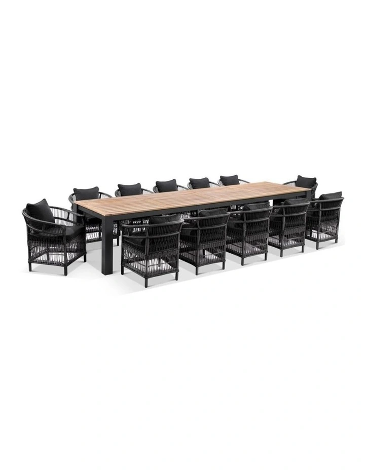 Balmoral 3.55m Outdoor Teak Top Table Charcoal With 12 Watego Malawi Style Chairs & Cushions image 1